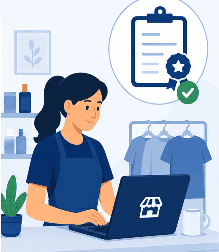 Emprendedora registrando su negocio desde su local