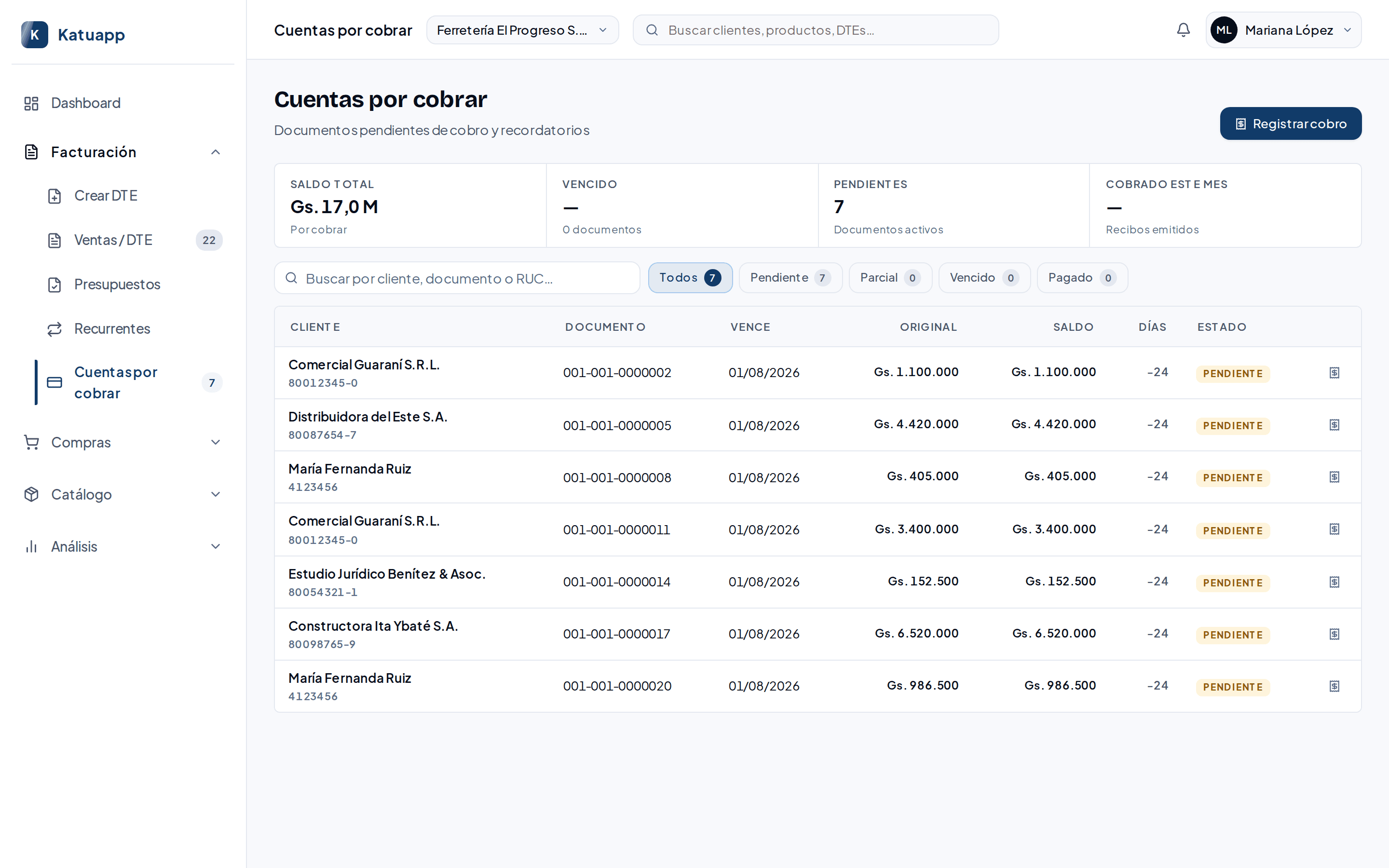 Pantalla de cuentas por cobrar de Katuapp con saldos y vencimientos